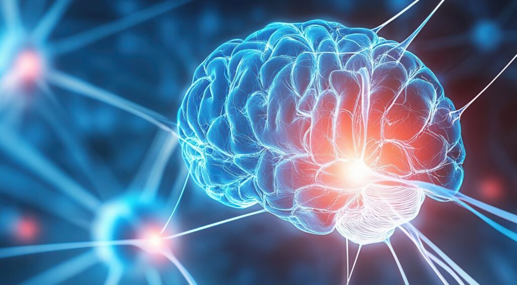 Brain with neuro pathways lit up for neurofeedback