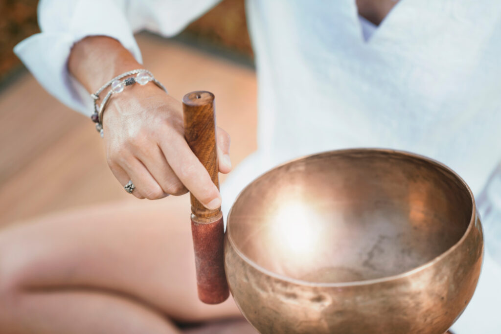 Tibetan singing bowl in sound therapy close up