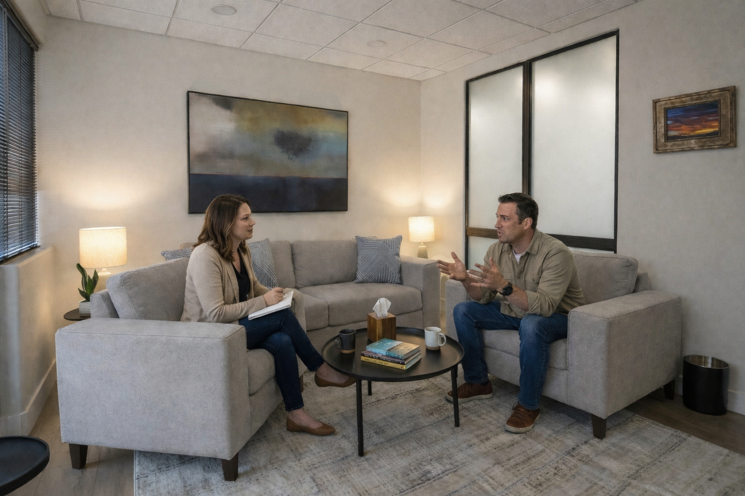 A man talking with a therapist in a counseling room with gray sofas