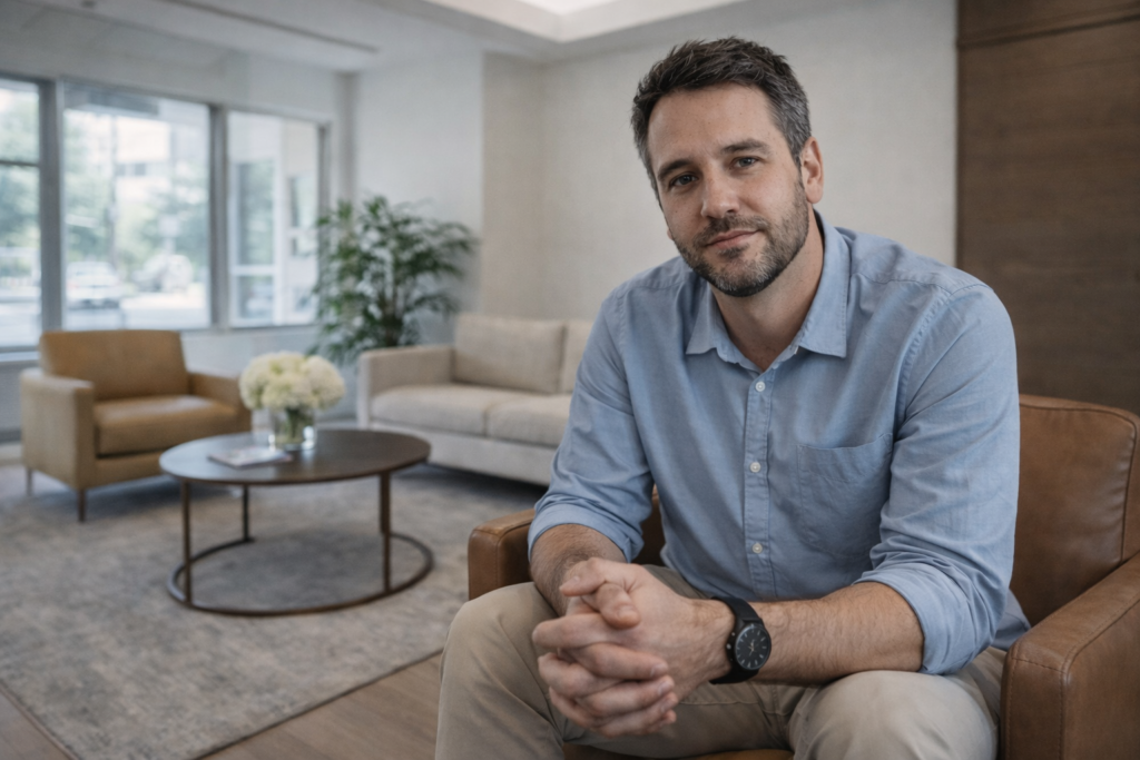 man sitting in redefine's lobby