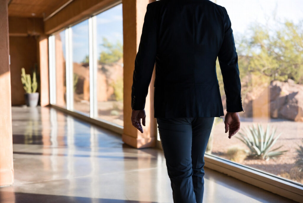 Professional walking toward outpatient treatment for alcohol use disorder in a Scottsdale wellness setting