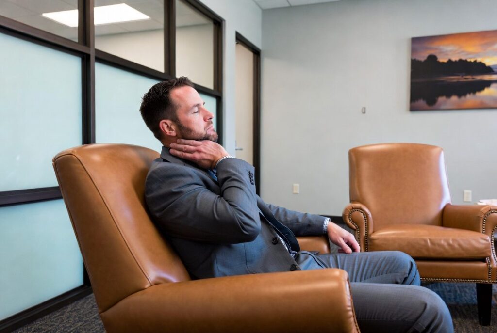A professional in a suit resting in a therapy chair at Redefine Wellness, representing PHP vs IOP treatment options for working professionals in Scottsdale, AZ.