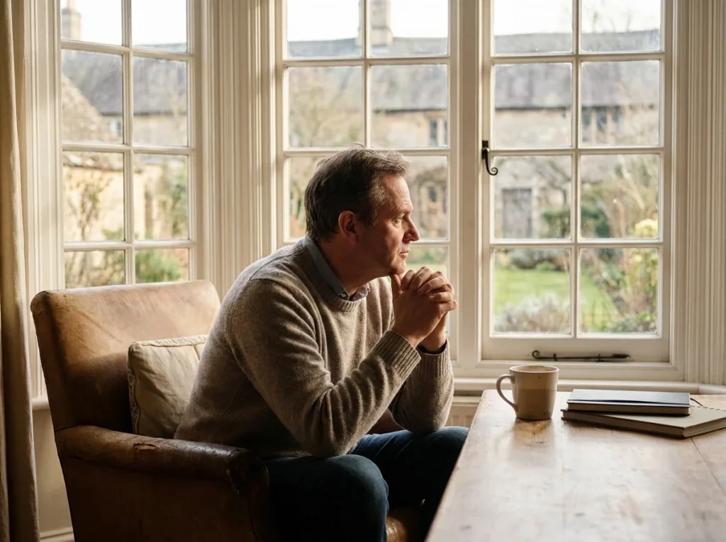 Man seated by a window in contemplative thought, considering trauma therapy options in Scottsdale