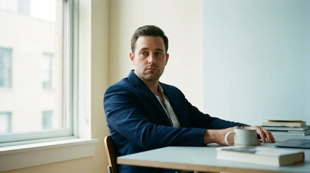 Man sitting at a desk in quiet reflection, illustrating what brainspotting therapy helps address