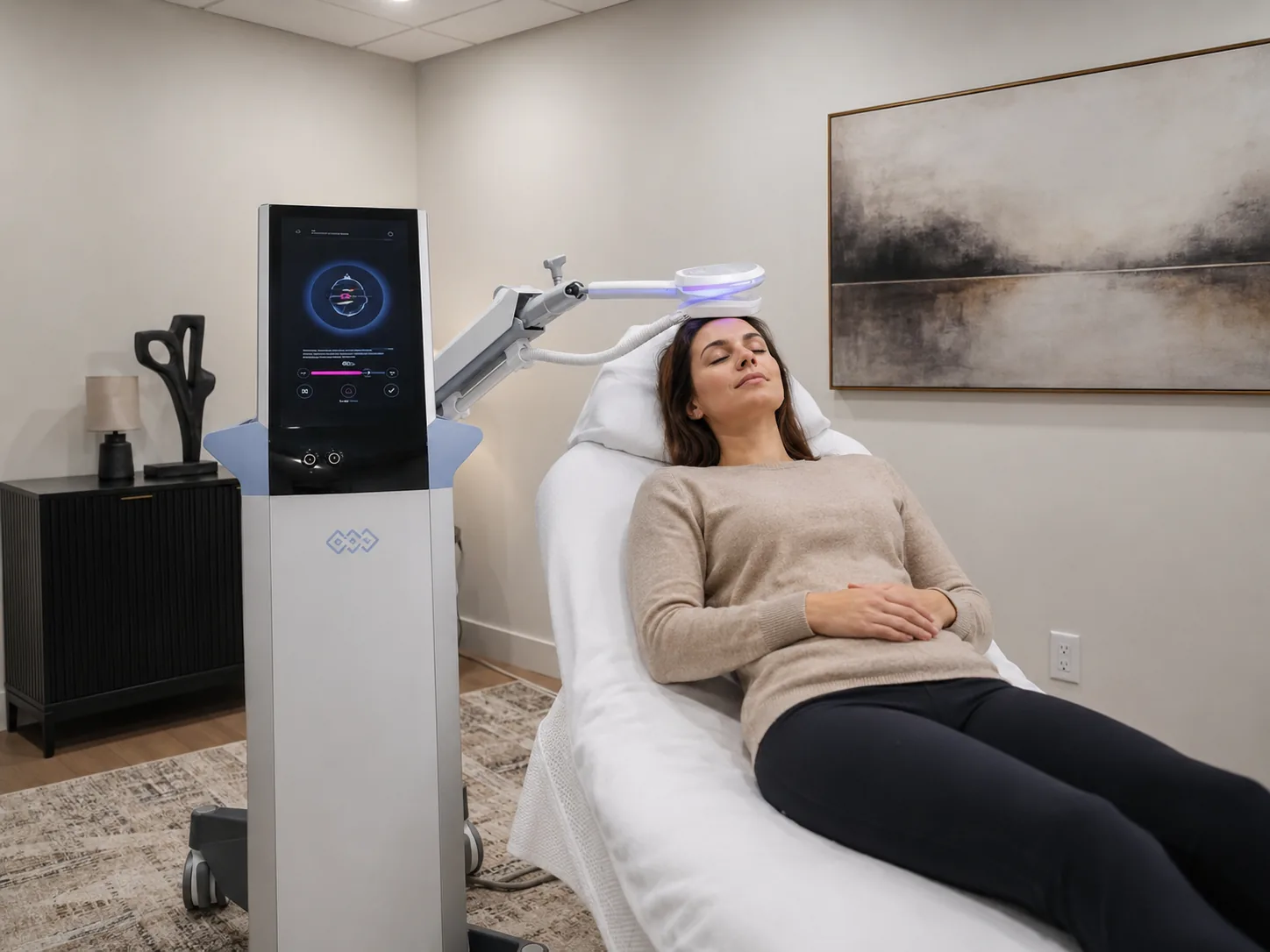 Exomind treatment woman relaxing eyes closed during session