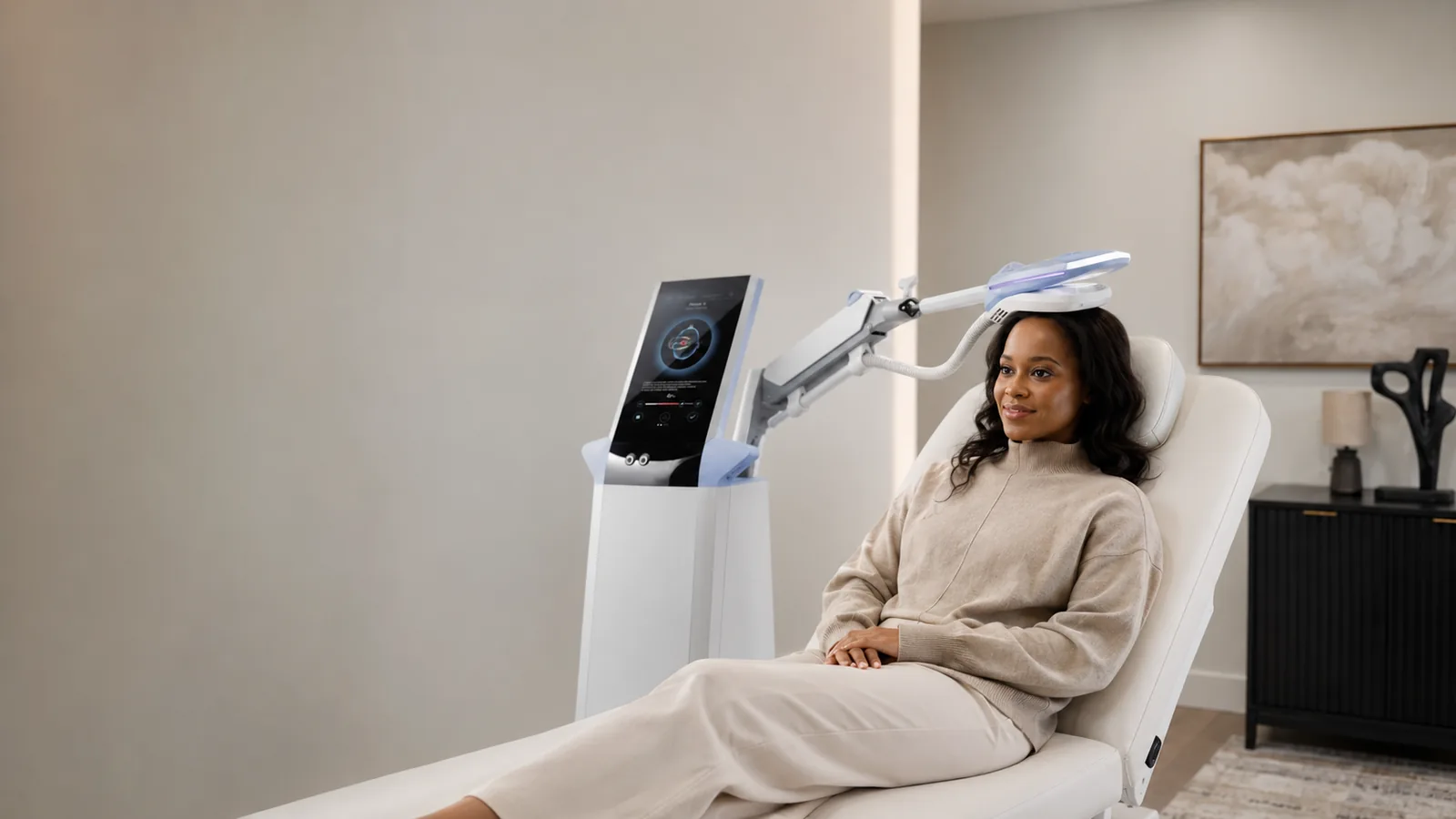 Exomind treatment woman seated smiling during session