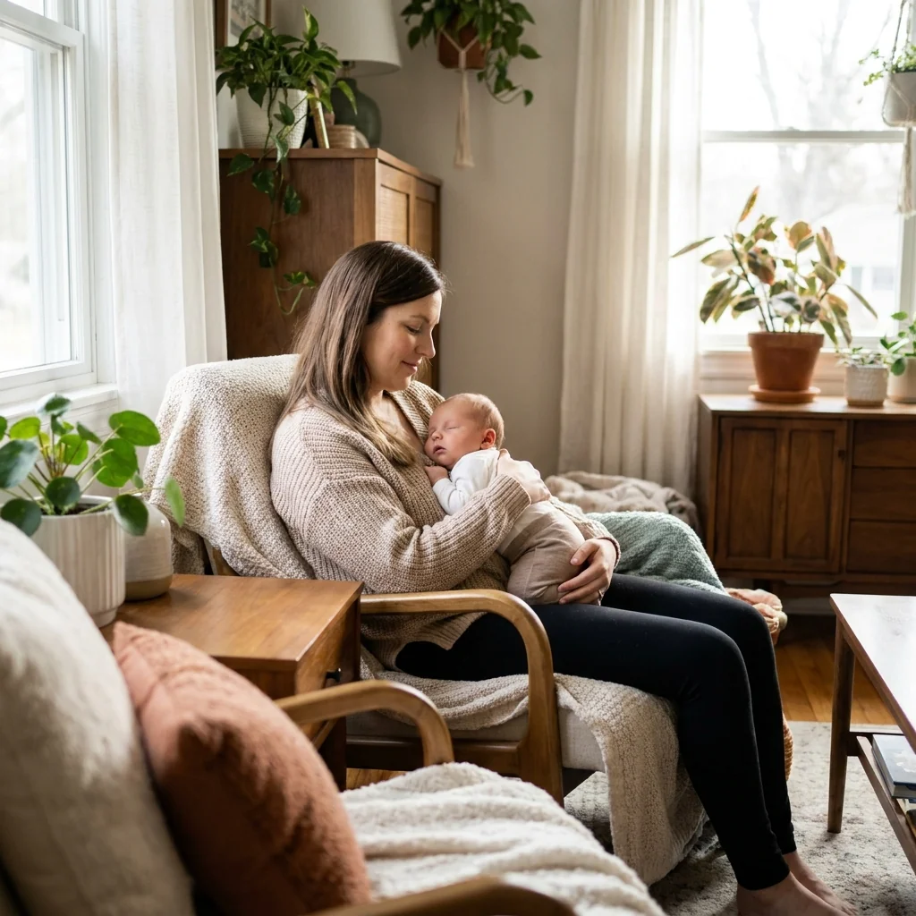 New parent sitting with infant in soft daylight, calm and composed