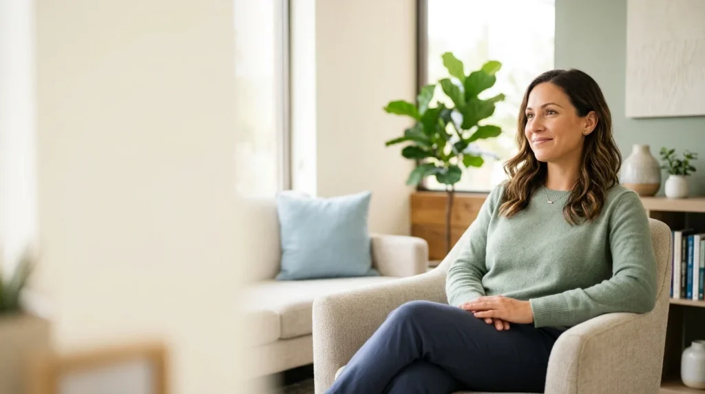 Calm adult sitting at ease in a bright Scottsdale wellness office that offers EXOMIND therapy