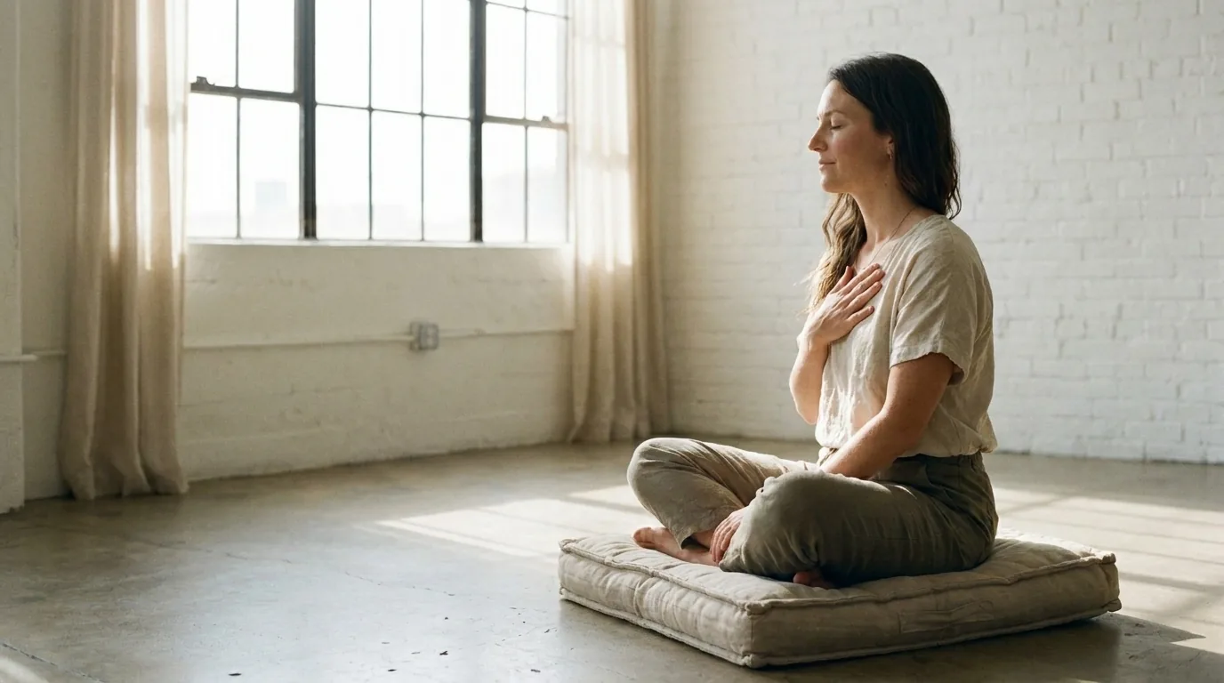 A woman seated on a floor cushion with one hand on her chest and her eyes closed during a breathing exercise
