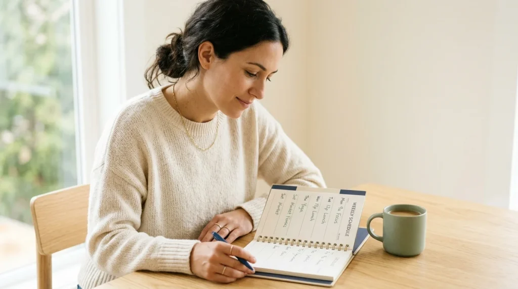 Adult reviewing a weekly planner while considering an outpatient program schedule