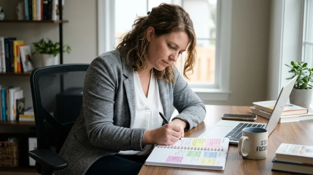 Working professional reviewing a weekly planner that balances a job with intensive outpatient program sessions