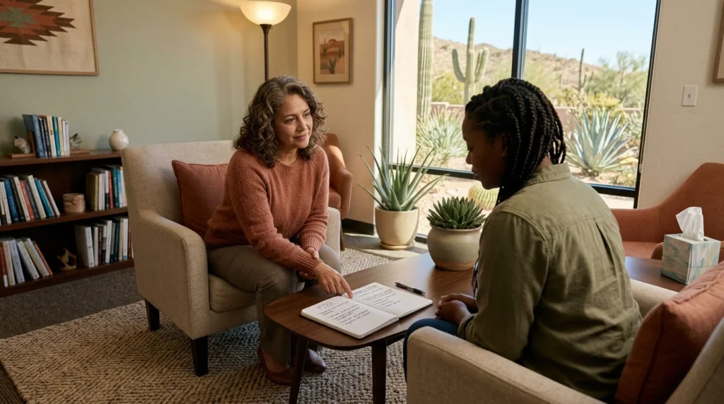 Clinician and adult client in a calm Scottsdale therapy room reviewing how complex PTSD symptoms differ from PTSD