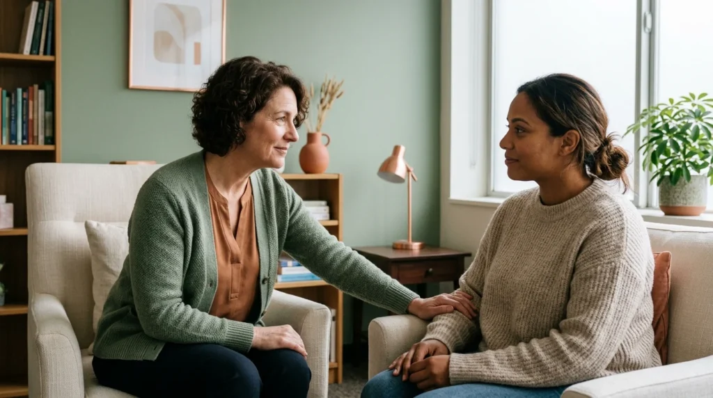 Therapist offering a reassuring gesture to a client during an EMDR session for depression