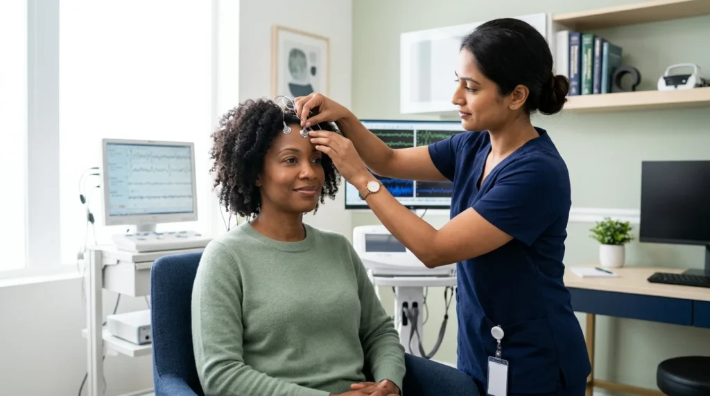 Technician placing EEG sensors on an adult before a neurofeedback session for ADHD in Scottsdale