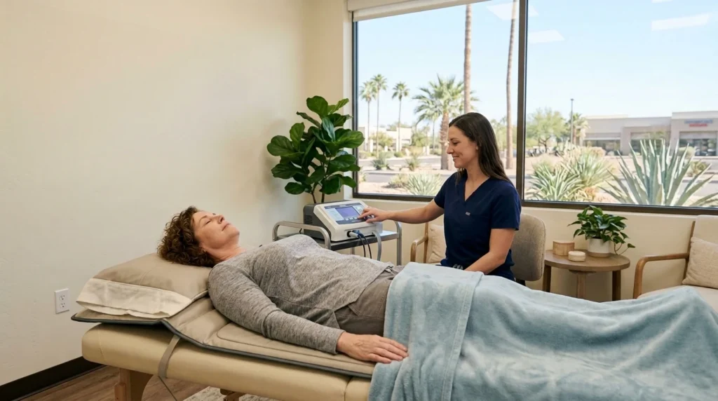Client resting calmly during a PEMF therapy session for stress and anxiety at Redefine Wellness in Scottsdale