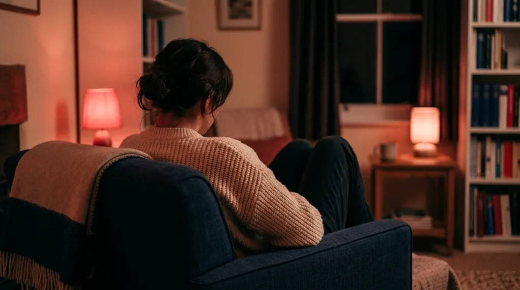 Person resting from behind in a quiet room lit by soft red light for mood and sleep