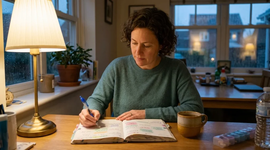 Adult at home with a weekly planner, showing outpatient care while living at home