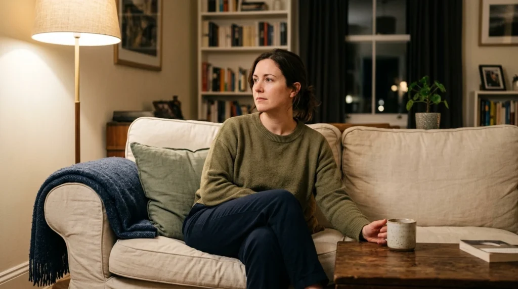 Adult sitting quietly at home in the evening while anxiety builds gradually over several hours