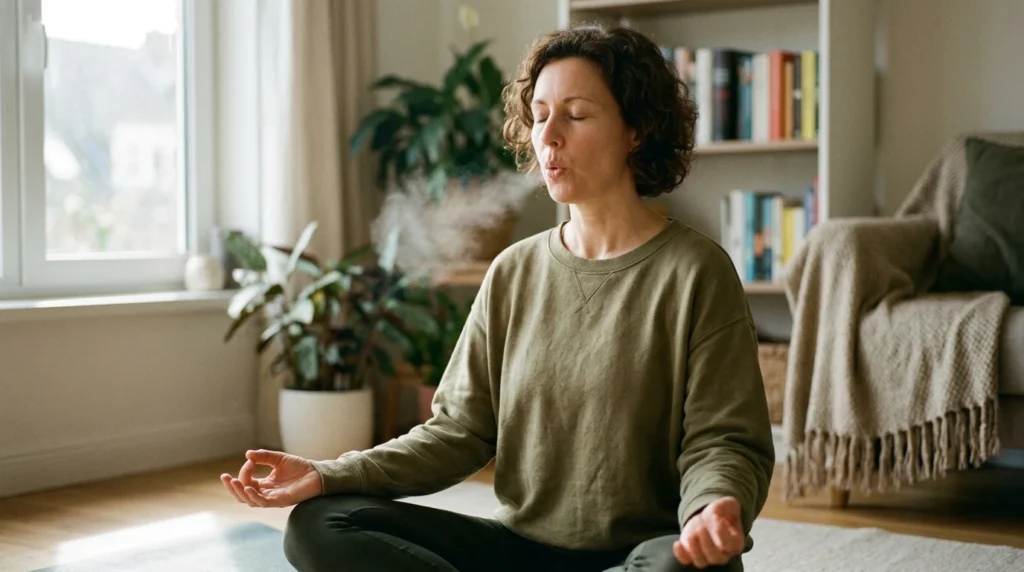Adult exhaling slowly during a cyclic sighing breathing exercise used to calm anxiety