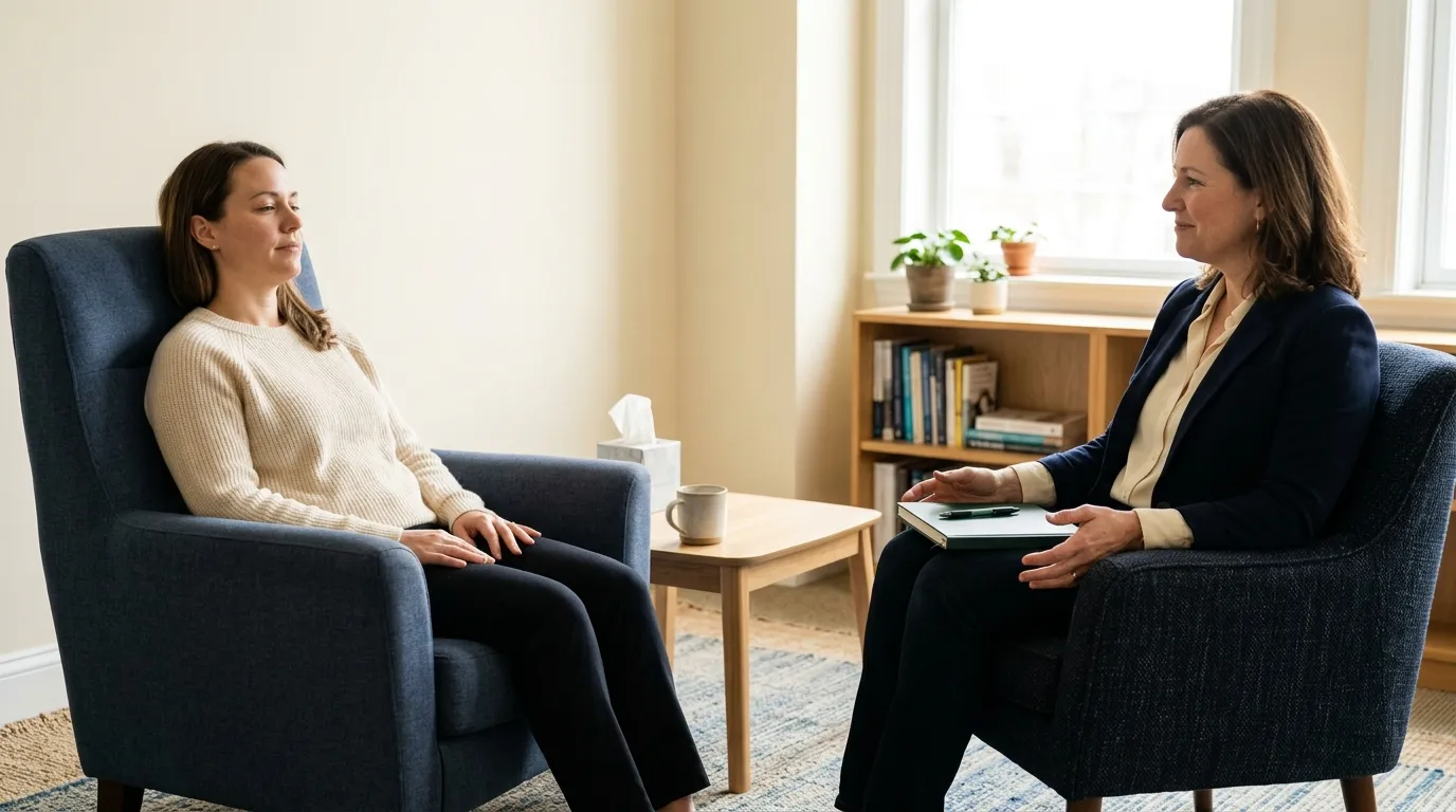 Therapist and adult client pausing between EMDR processing sets during a depression treatment session