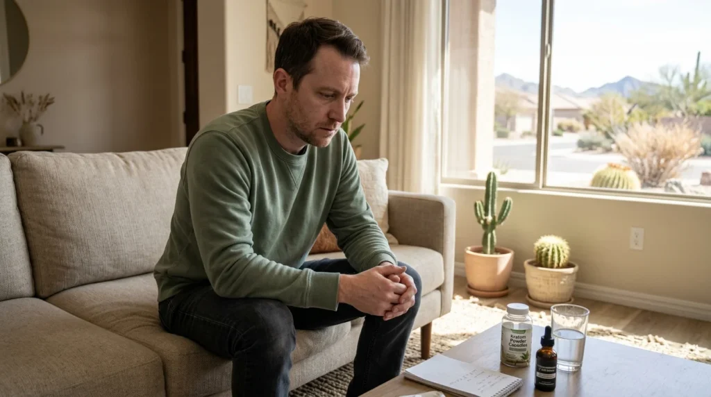 Man sitting on a couch with head lowered beside a kratom capsule bottle and a glass of water