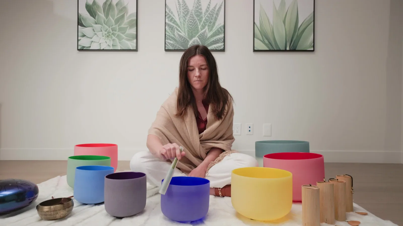 Crystal singing bowls set up for a sound bath at Redefine Wellness in Scottsdale