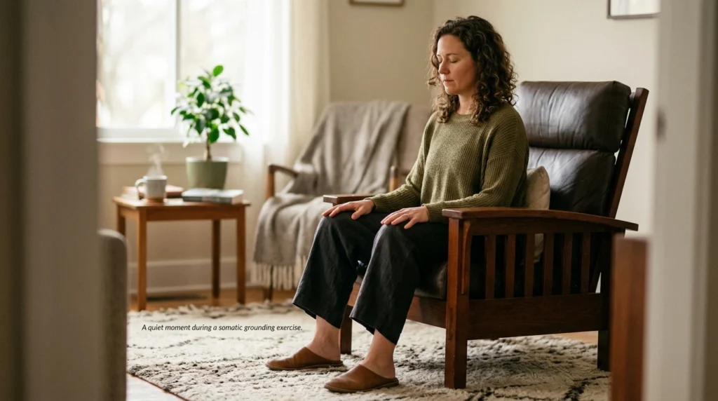 Adult seated with feet flat on the floor practicing a grounding somatic exercise for anxiety