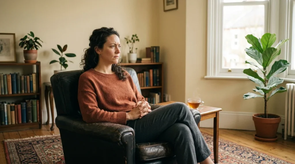 Adult sitting quietly in a calm, sunlit room, reflecting on an automatic trauma response
