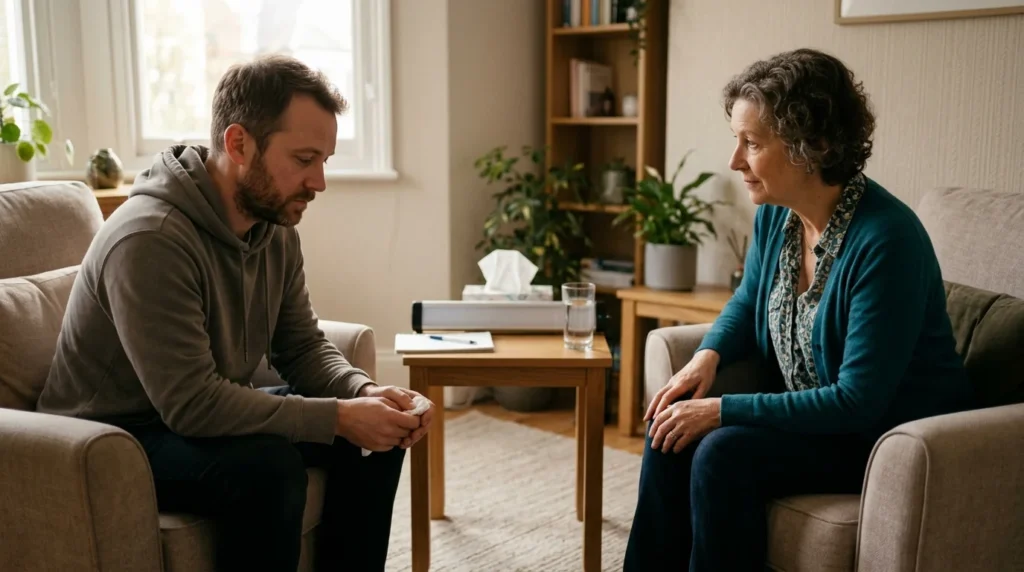 Adult discussing treatment-resistant depression options with a counselor in a Scottsdale office
