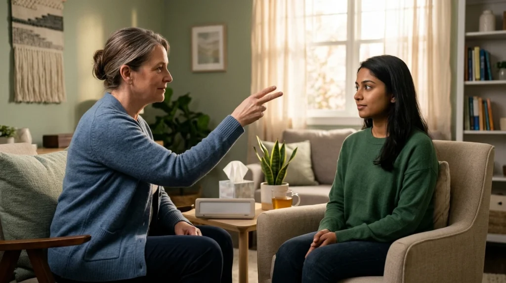 Therapist guiding a client through bilateral eye movements in a calm EMDR therapy session room