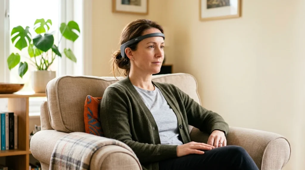 Adult in a neurofeedback session wearing an EEG headband while watching the feedback display