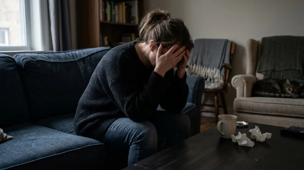 Woman overwhelmed on a couch, illustrating when DBT vs CBT becomes the question