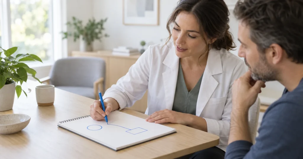 A clinician sketching a simple diagram on a notepad while a client watches