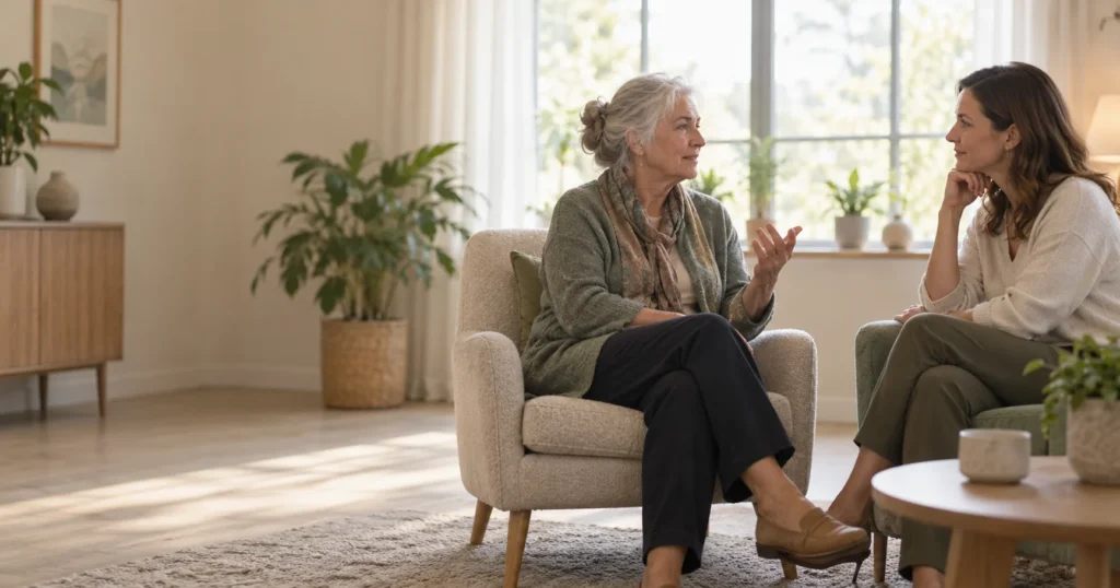 An older woman talking with a therapist in a bright consulting room