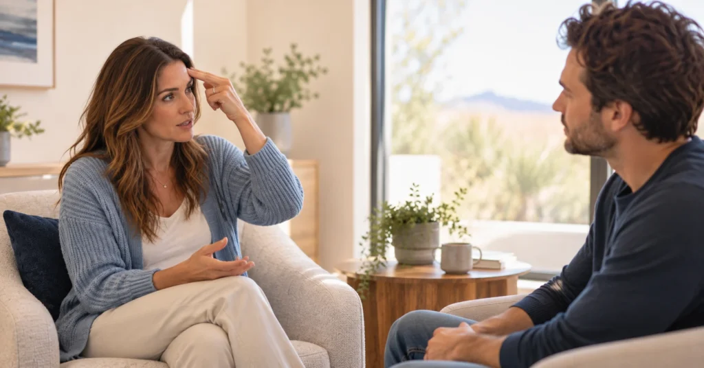 Therapist touching her own brow to show a client where tension can show up in a DBR session