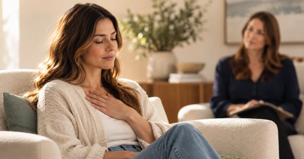 a client rests her eyes and notices tension in her face and neck in a calm session