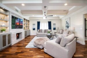Mariposa womens living room fireplace built ins scottsdale az